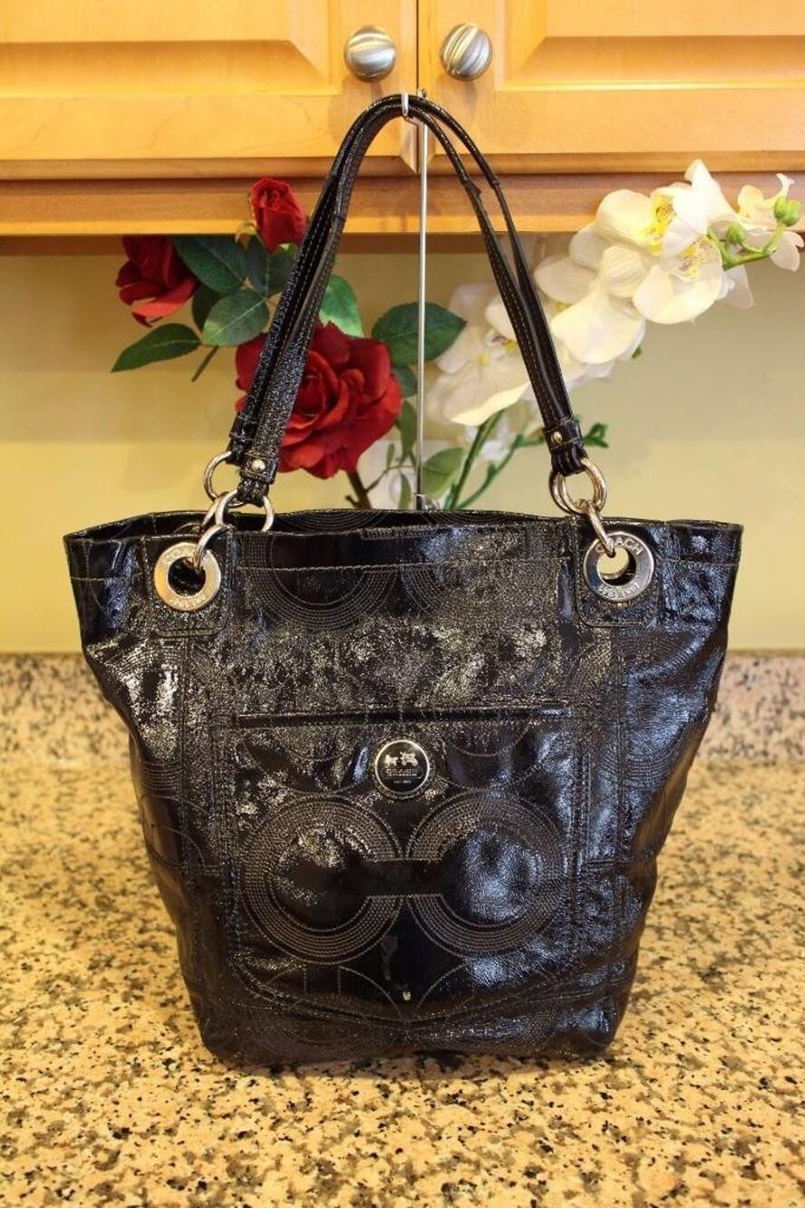 Coach #14265 Alex Black Stitched Patent Leather Tote Shoulder Bucket Bag (u3000